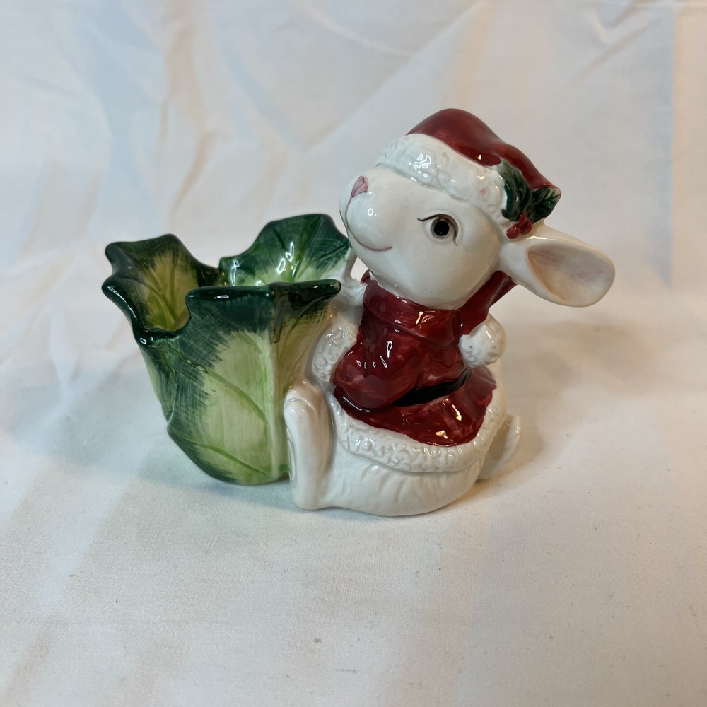 Fitz And Floyd 1989 Christmas Holly Santa Bunny Rabbit Candle Holder Vintage